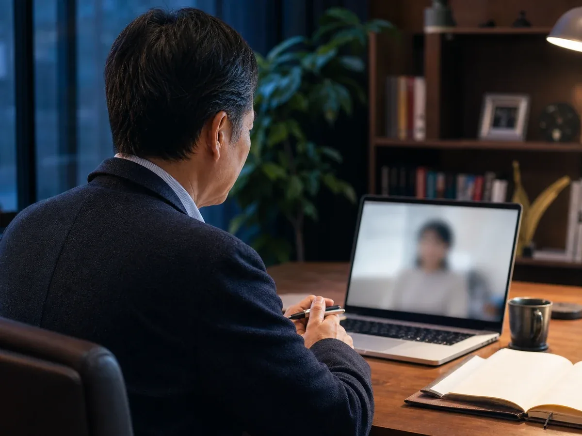 書斎でオンライン面談を行い、会員様を支援する50代の男性アドバイザー