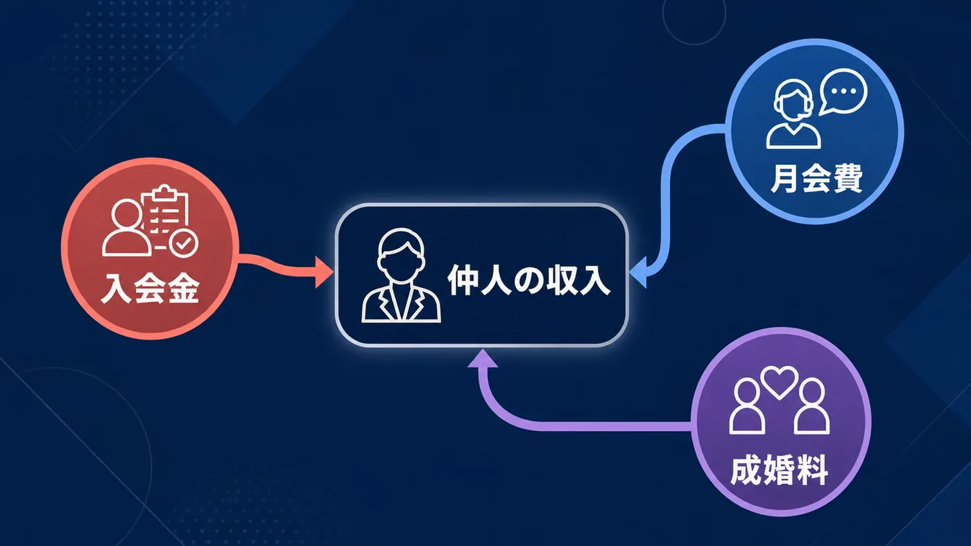 入会金・月会費・成婚料の3つの収入源が仲人の収入につながる図解