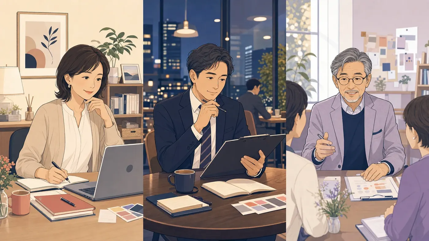 主婦の在宅副業、会社員の週末副業、専業仲人の3つの働き方を示すイラスト